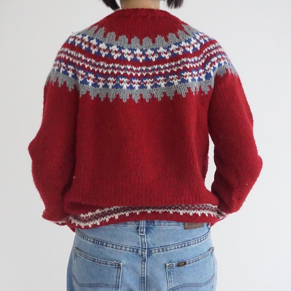 Vintage Sport Rally Red Fair Isle Nordic Pattern Knit Sweater Cabincore S - Picture 2 of 10